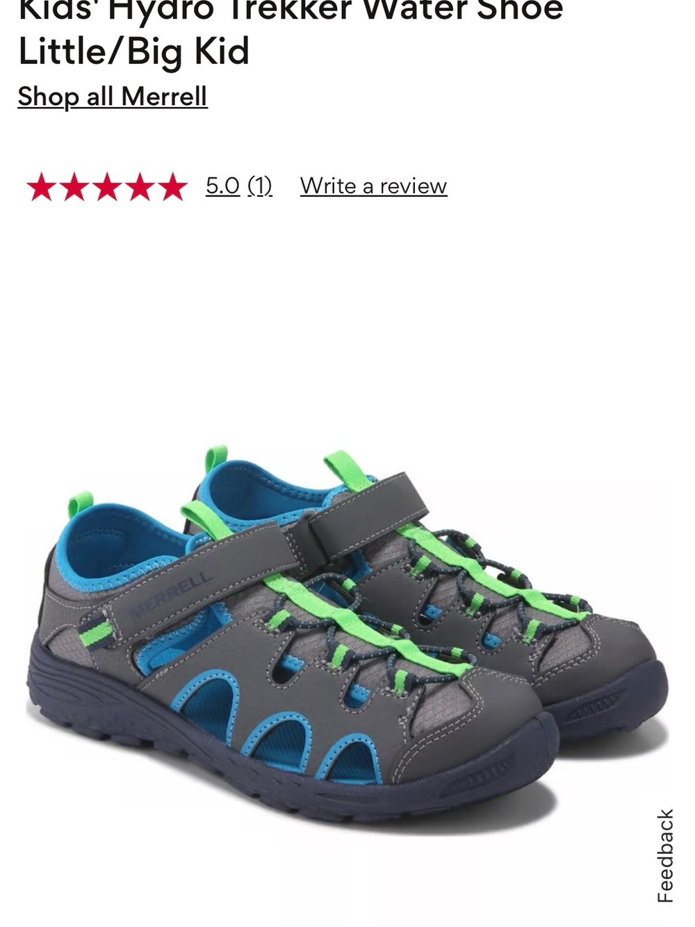 Merrell Kids Gray Water Shoes with Blue Trim & Green Laces - new without box